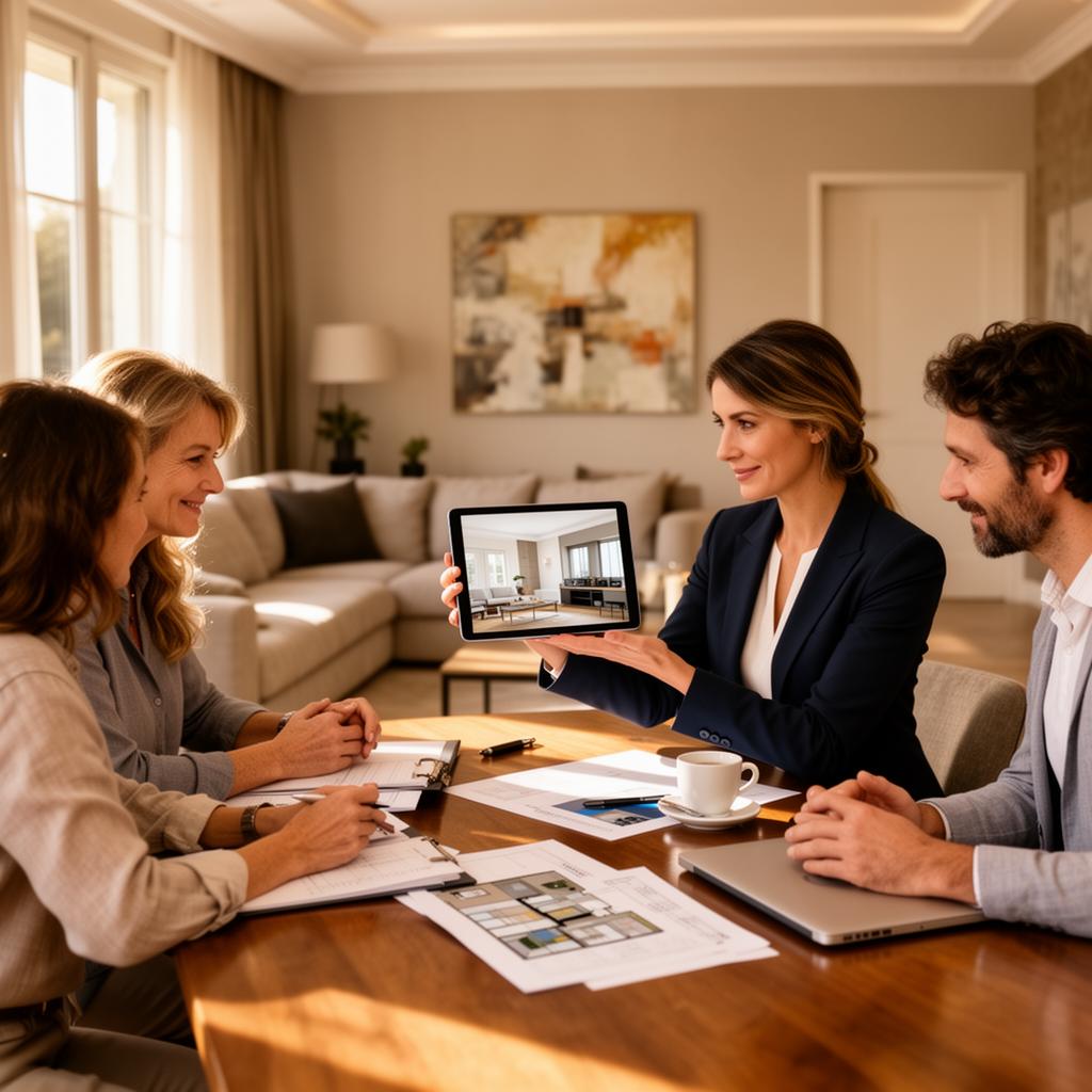 Agente immobiliare mostra valorizzazione durante appuntamento di acquisizione